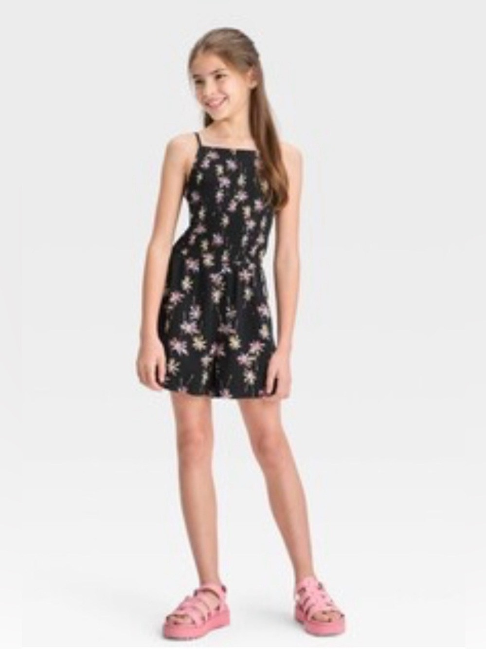Art Class Black Smock Top Palm Tree Adjustable Strap Romper Girls L (10/12)